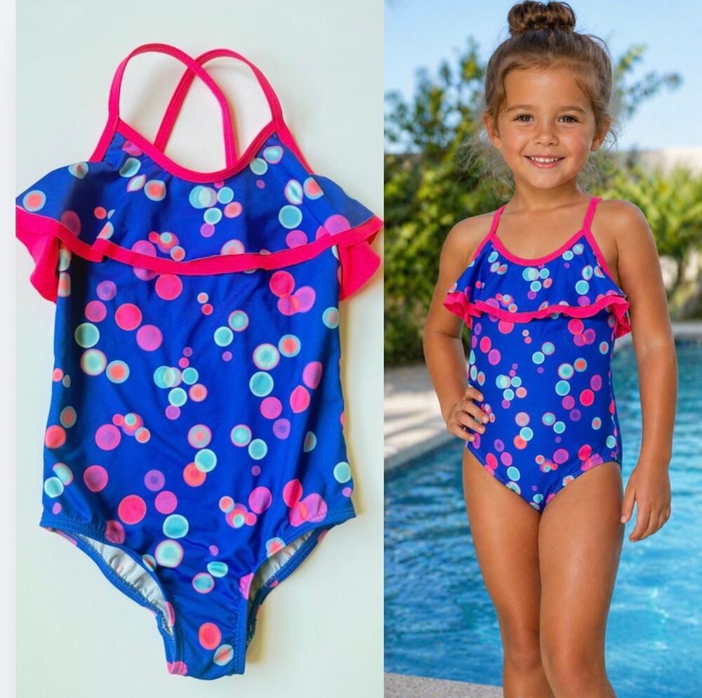 Lands' End Girls One Piece Swimsuit Blue Pink Polka Dot Size 5